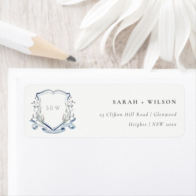 Elegant Blue Wildflower Watercolor Crest Address Label (Insitu)