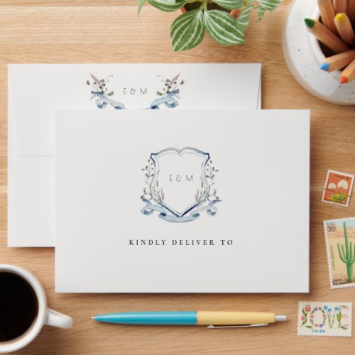 Elegant Blue Wildflower Watercolor Crest Wedding Envelope