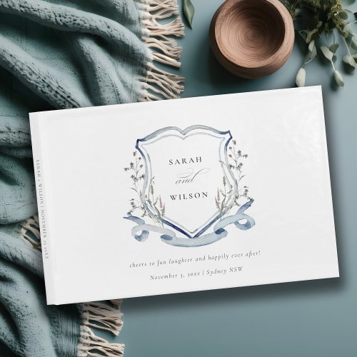 Elegant Blue Wildflower Watercolor Crest Wedding Guest Book
