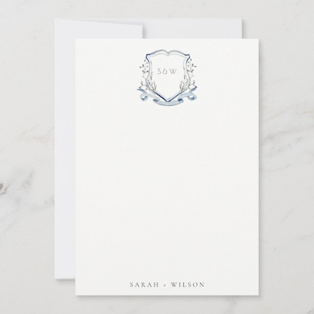 Elegant Blue Wildflower Watercolor Crest Wedding Note Card (Front)