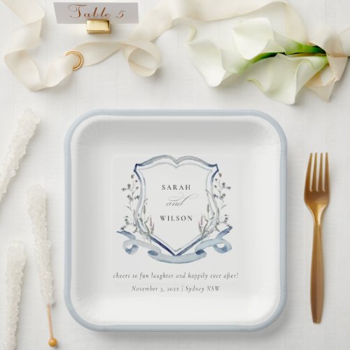 Elegant Blue Wildflower Watercolor Crest Wedding Paper Plates