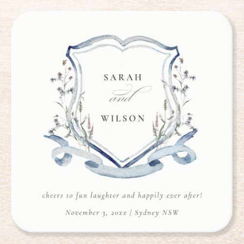 Elegant Blue Wildflower Watercolor Crest Wedding Square Paper Coaster