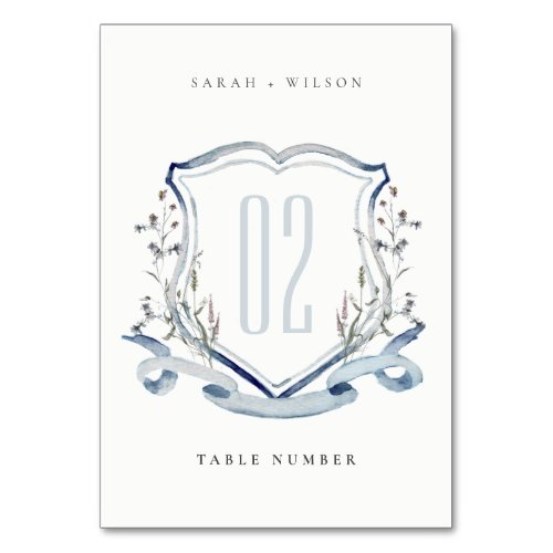 Elegant Blue Wildflower Watercolor Crest Wedding Table Number