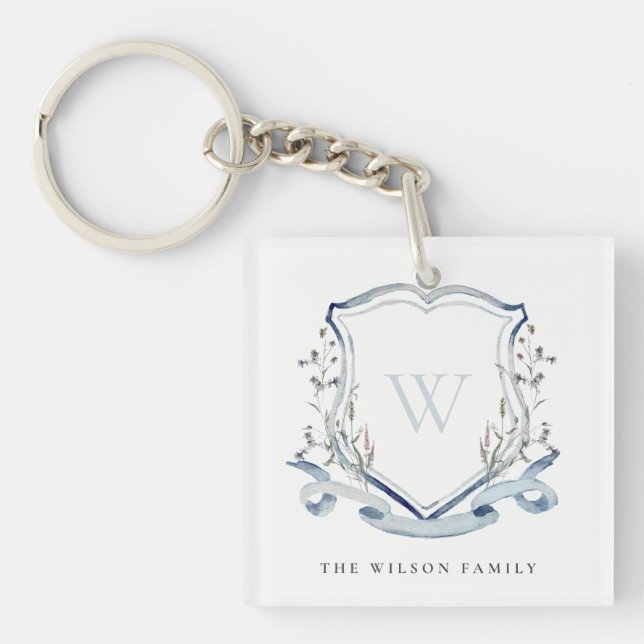 Elegant Blue Wildflower Watercolor Monogram Crest Keychain (Front)