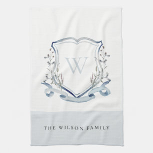 Elegant Blue Wildflower Watercolor Monogram Crest Kitchen Towel