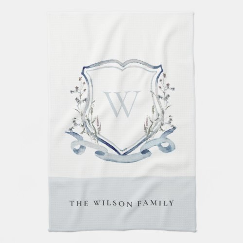 Elegant Blue Wildflower Watercolor Monogram Crest  Kitchen Towel