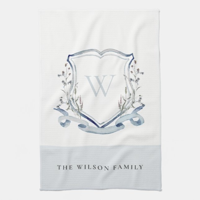 Elegant Blue Wildflower Watercolor Monogram Crest  Kitchen Towel (Vertical)