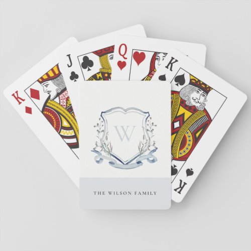 Elegant Blue Wildflower Watercolor Monogram Crest Poker Cards