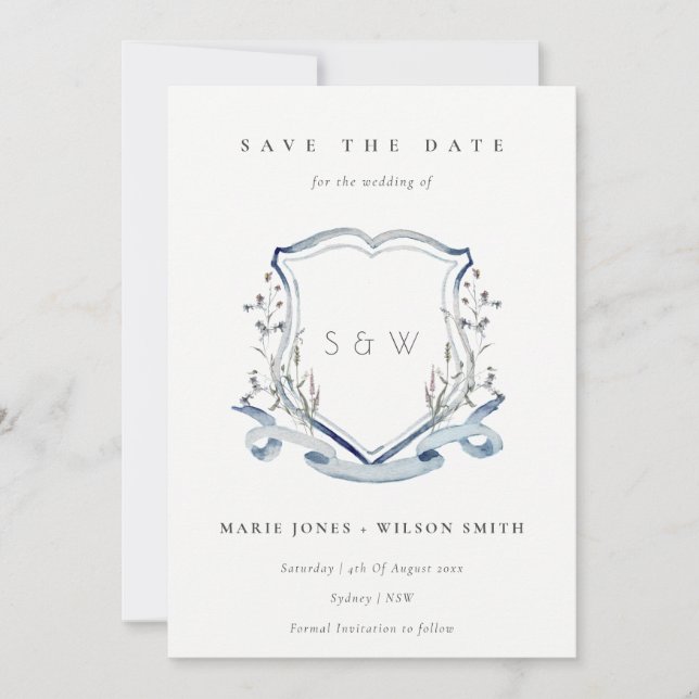 Elegant Blue Wildflower Watercolor Monogram Crest Save The Date (Front)