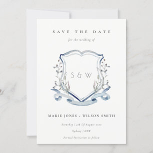 Elegant Blue Wildflower Watercolor Monogram Crest Save The Date