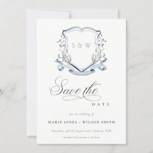 Elegant Blue Wildflower Watercolor Monogram Crest Save The Date