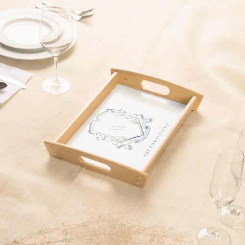 Elegant Blue Wildflower Watercolor Monogram Crest Serving Tray