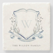 Elegant Blue Wildflower Watercolor Monogram Crest Stone Coaster at Zazzle