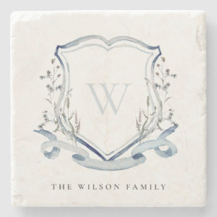 Elegant Blue Wildflower Watercolor Monogram Crest Stone Coaster