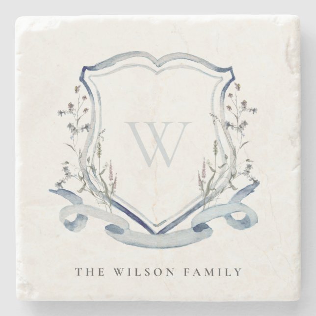 Elegant Blue Wildflower Watercolor Monogram Crest Stone Coaster (Front)