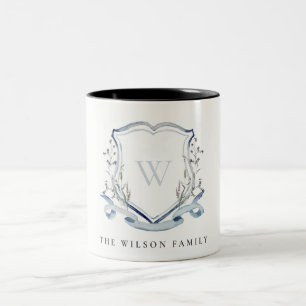 Elegant Blue Wildflower Watercolor Monogram Crest Two-Tone Coffee Mug