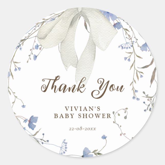Elegant Blue Wildflowers Coquette Bow Baby Shower Classic Round Sticker (Front)