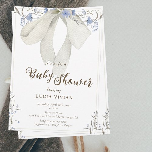 Elegant Blue Wildflowers Coquette Bow Baby Shower Invitation