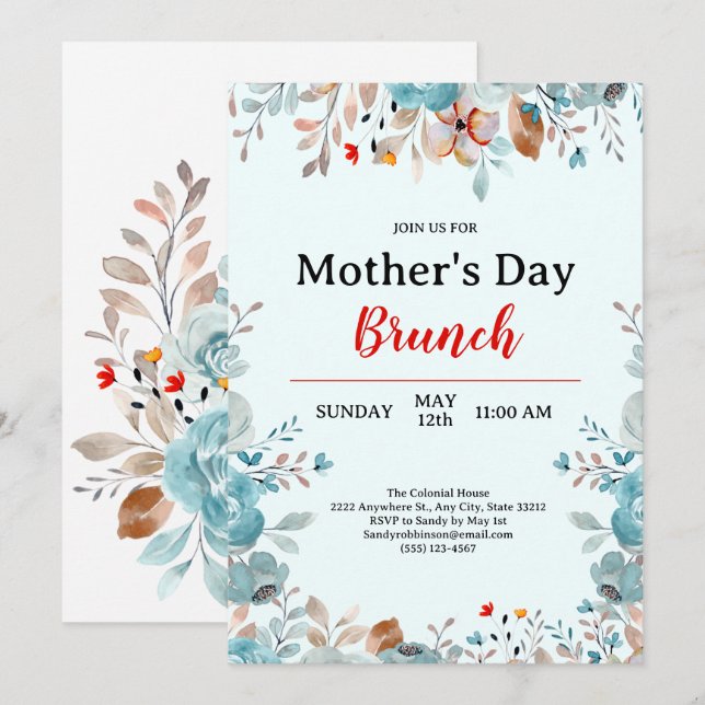 Elegant Blue Wildflowers Mint Mother's Day Brunch Invitation (Front/Back)