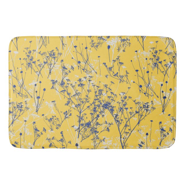 Elegant Blue Wildflowers on Mustard Yellow  Bath Mat (Front)