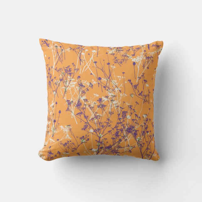 Elegant Blue Wildflowers on Orange  Throw Pillow (Front)
