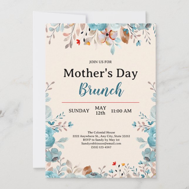 Elegant Blue Wildflowers Tan Mother's Day Brunch Invitation (Front)