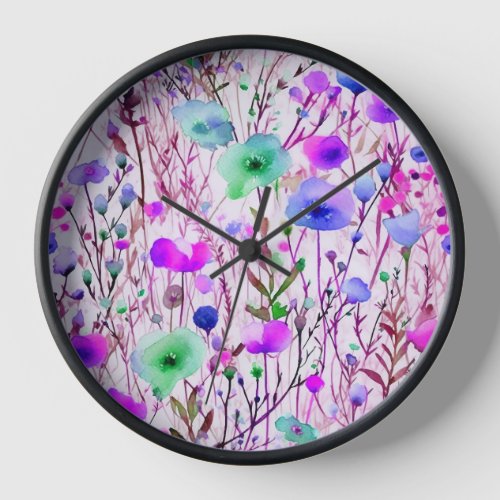 Elegant blue wildflowers watercolor clock