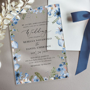 Elegant Blue Wildflowers Wedding Acrylic Invitations