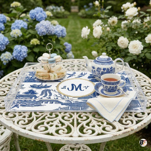 Elegant Blue Willow Chinoiserie Monogram Acrylic  Tray