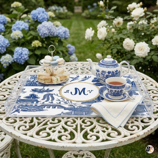 Elegant Blue Willow Chinoiserie Monogram Acrylic  Tray (Creator Uploaded)