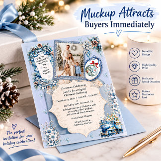 Elegant Blue Winter Christmas Family Celebration I Invitation
