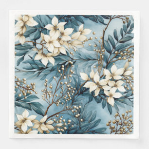 Elegant Blue Winter Christmas Florals Paper Dinner Napkins