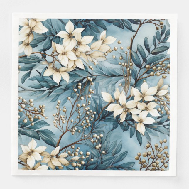 Elegant Blue Winter Christmas Florals Paper Dinner Napkins (Front)