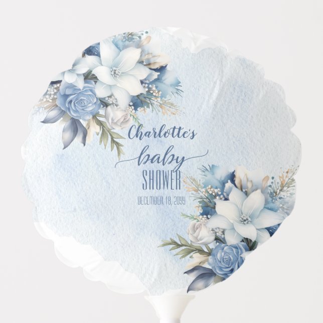 Elegant Blue Winter Floral Boy Baby Shower Balloon (Front)