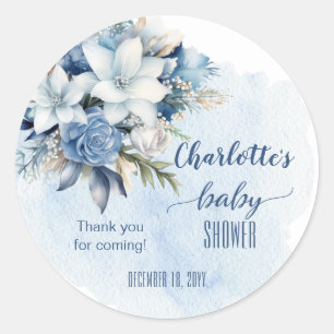Elegant Blue Winter Floral Boy Baby Shower Classic Round Sticker