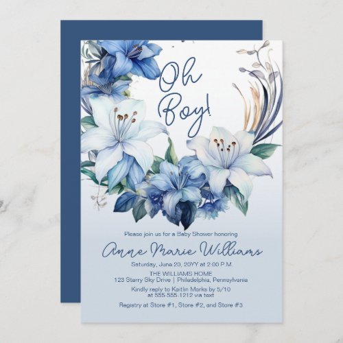 Elegant Blue Winter Floral Boy Baby Shower Invitation
