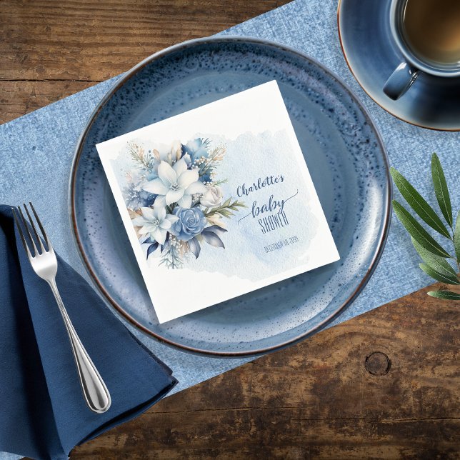 Elegant Blue Winter Floral Boy Baby Shower Napkins (Elegant Blue Winter Floral Boy Baby Shower Paper Napkins)