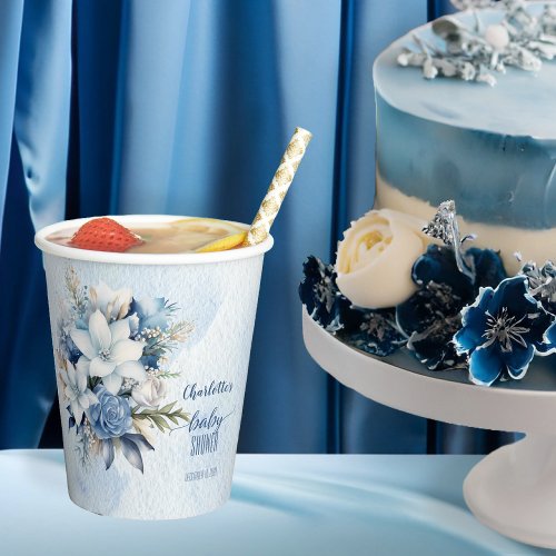 Elegant Blue Winter Floral Boy Baby Shower Paper Cups