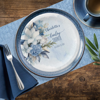 Elegant Blue Winter Floral Boy Baby Shower Paper Plates by holidayhearts at Zazzle