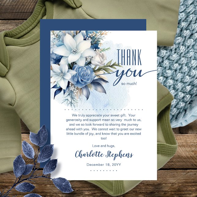 Elegant Blue Winter Floral Boy Baby Shower Thank You Card (Elegant Blue Winter Floral Boy Baby Shower or Sprinkle Thank You Card)