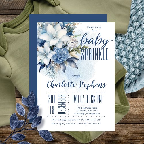 Elegant Blue Winter Floral Boy Baby Sprinkle Invitation
