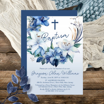 Elegant Blue Winter Floral Boy Baptism Invitation by holidayhearts at Zazzle