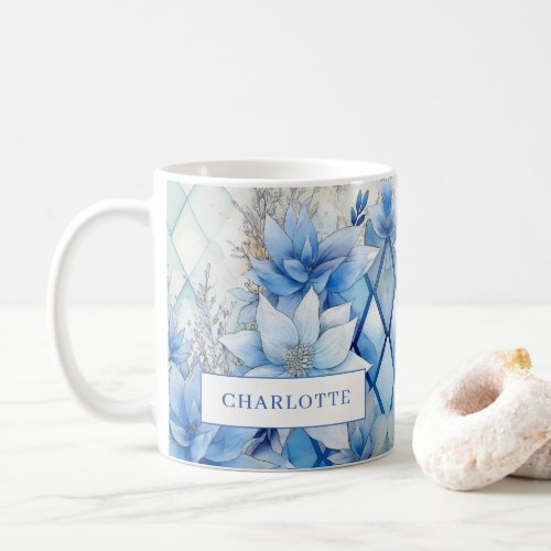 Elegant Blue Winter Floral Personalized Coffee Mug