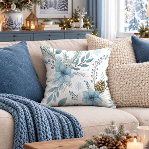 Elegant Blue Winter Floral Pine Cones Throw Pillow