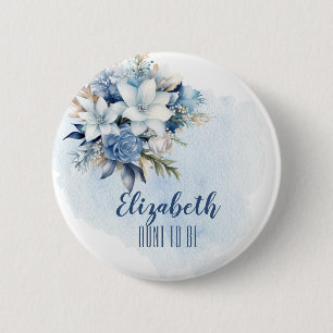 Elegant Blue Winter Floral Shower Aunt to Be Button