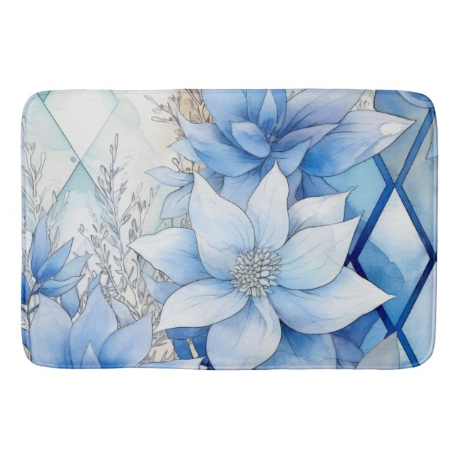 Elegant Blue Winter Florals Bath Mat (Front)