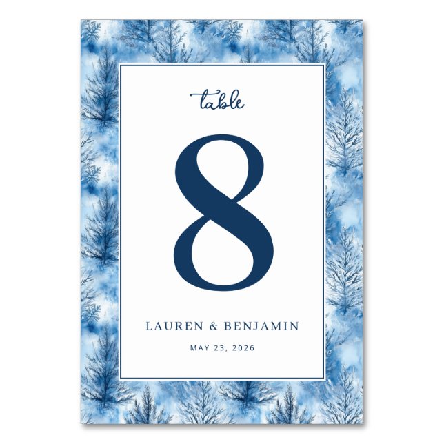 Elegant Blue Winter Pine Trees Table Number (Front)