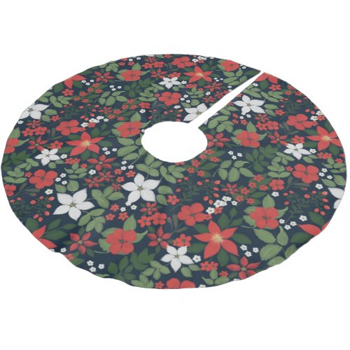 Elegant Blue Winter Red White Floral Painting Brushed Polyester Tree Skirt