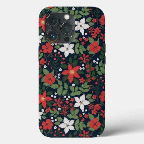 Elegant Blue Winter Red White Floral Painting iPhone 13 Pro Case