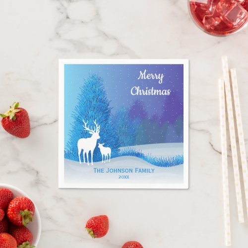 Elegant Blue Winter  Reindeer Christmas Napkins